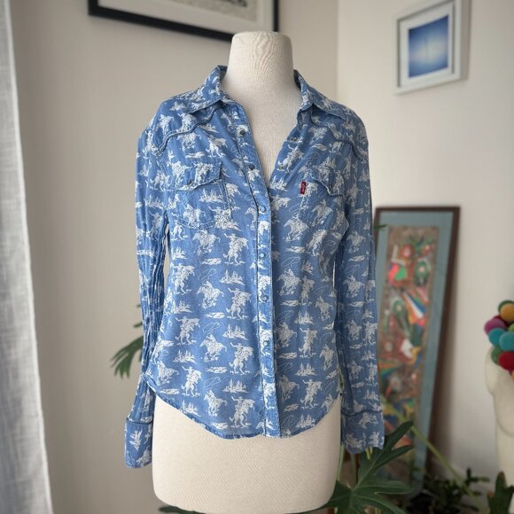 Wrangler Pearl Snap Bucking Bronco pattern Long sleeved Western shirt S 4 - Picture 1 of 12